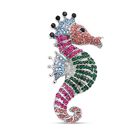 Multi Colour Austrian Crystal Sea Horse Brooch in Silver Tone