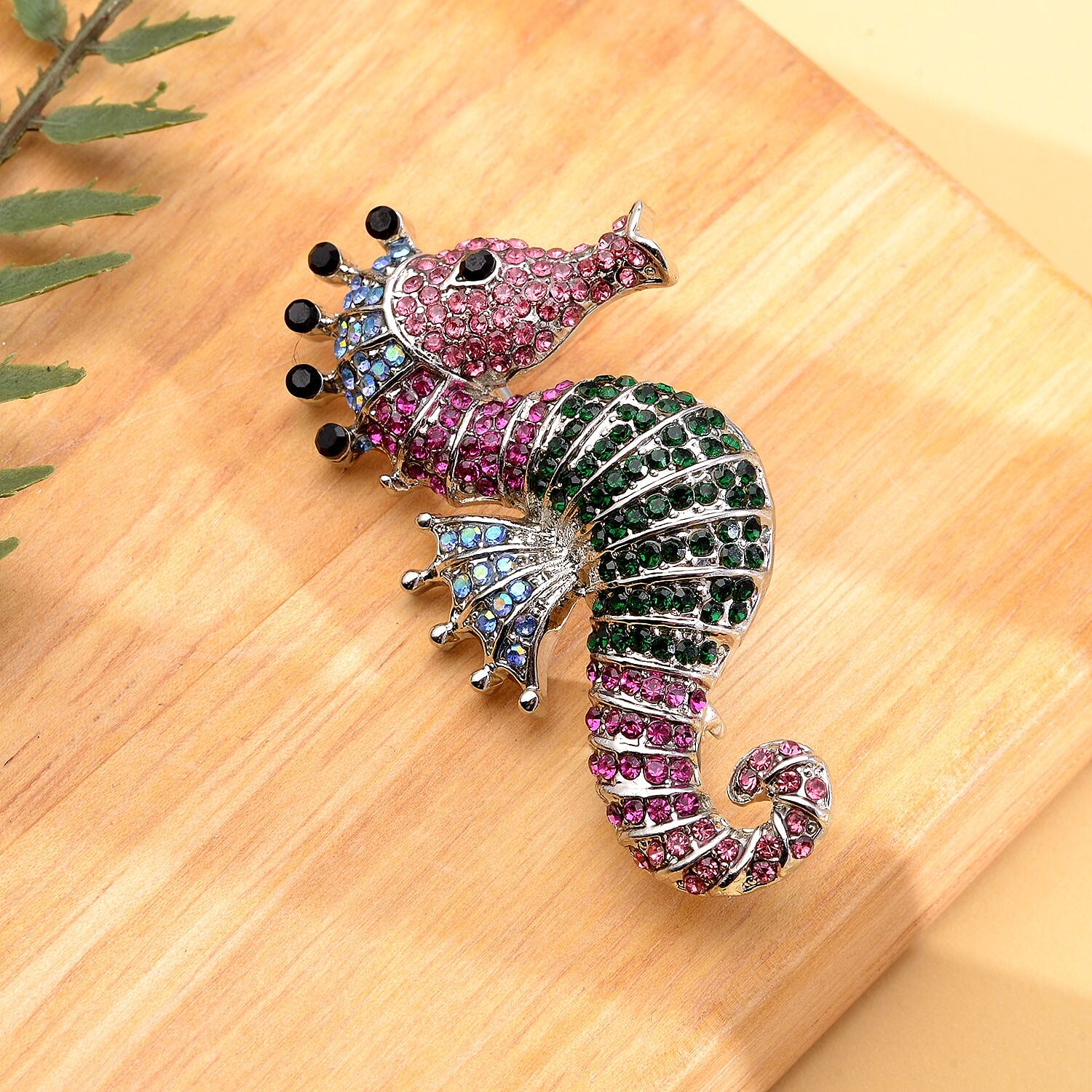 Multi Colour Austrian Crystal Sea Horse Brooch in Silver Tone