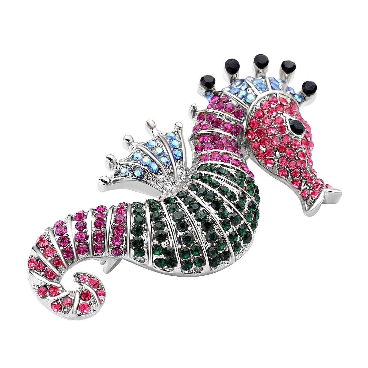 Multi Colour Austrian Crystal Sea Horse Brooch in Silver Tone