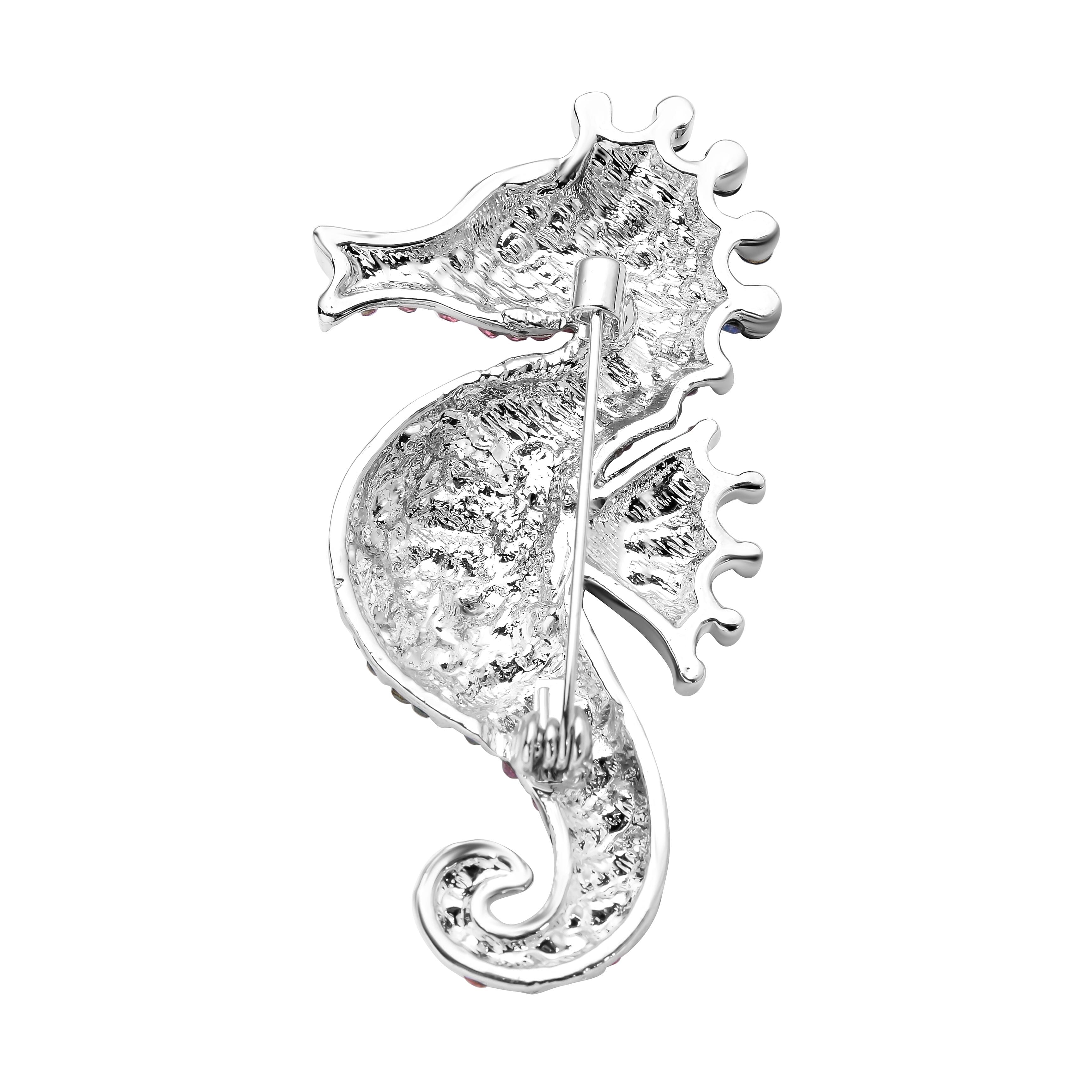 Multi Colour Austrian Crystal Sea Horse Brooch in Silver Tone