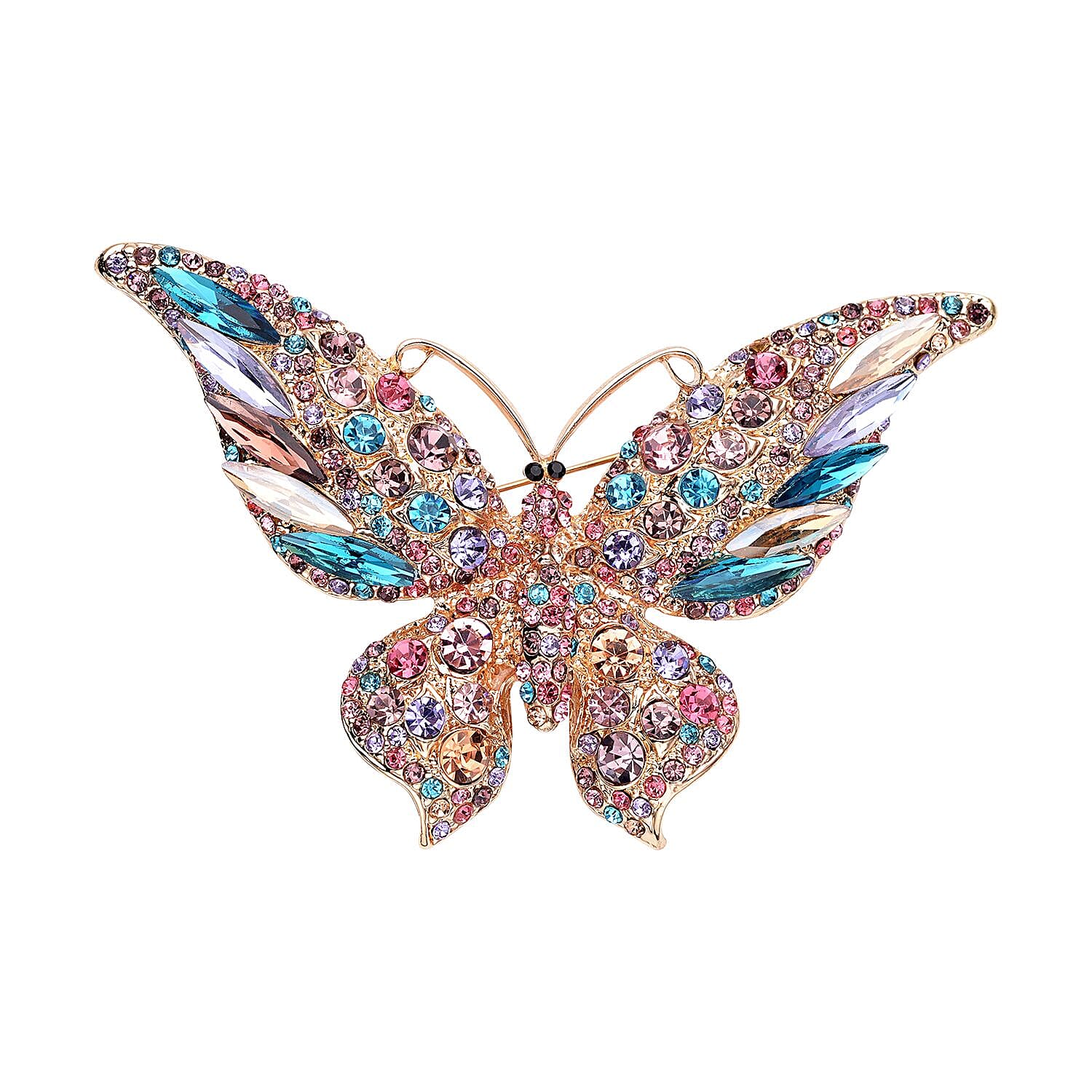 Multi Colour Austrian Crystal and Simulated Multi Colour Gemstones Butterfly Brooch in Yellow Gold Tone