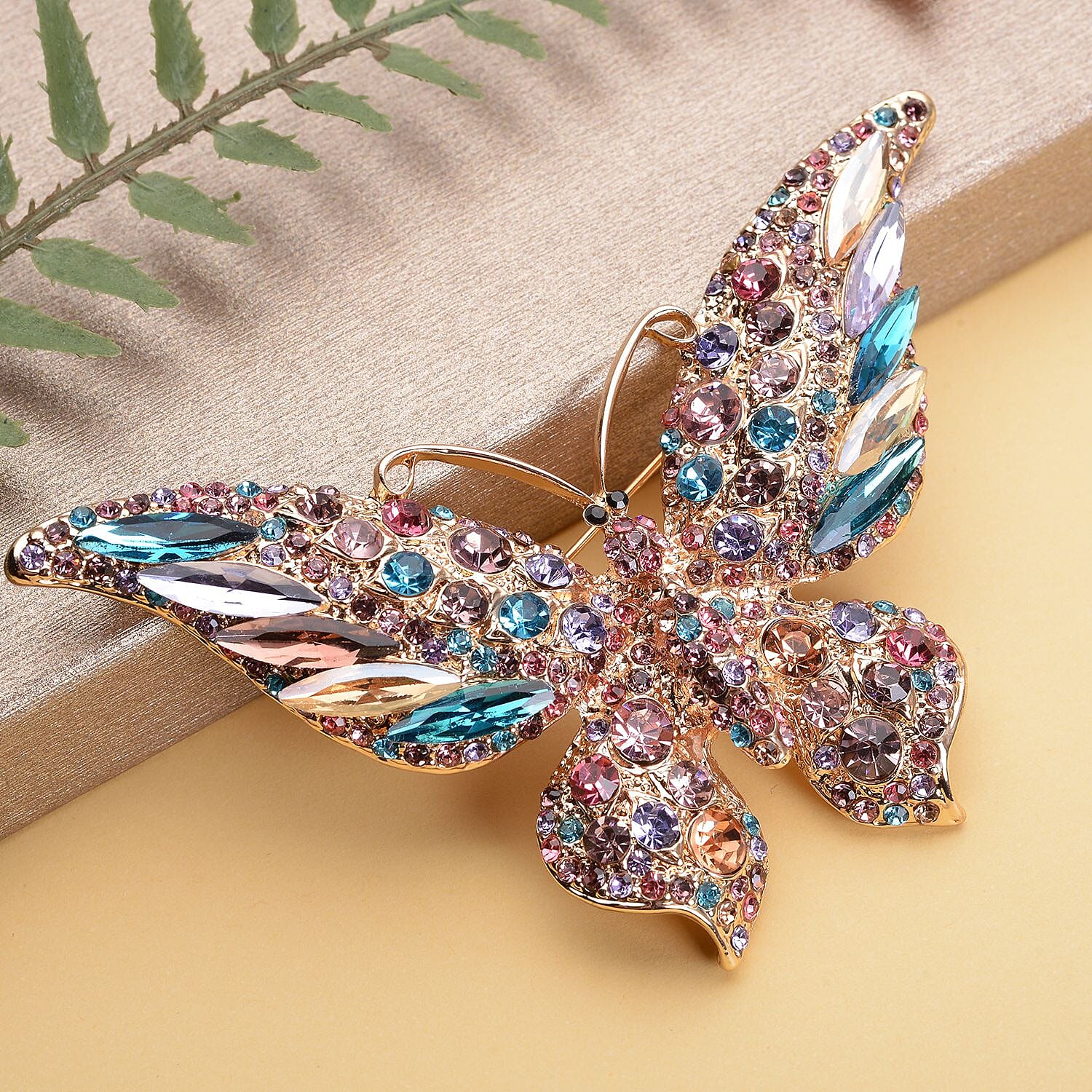 Multi Colour Austrian Crystal and Simulated Multi Colour Gemstones Butterfly Brooch in Yellow Gold Tone