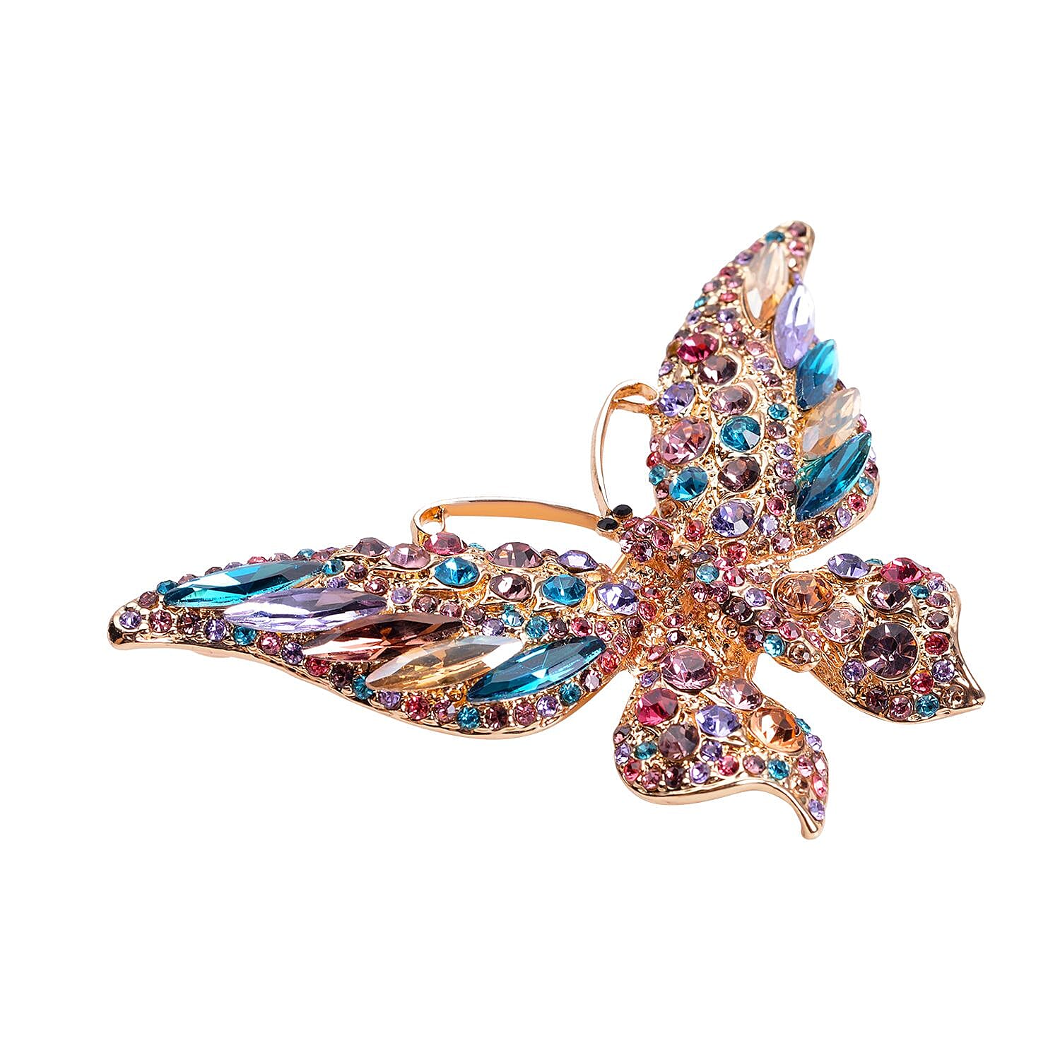 Multi Colour Austrian Crystal and Simulated Multi Colour Gemstones Butterfly Brooch in Yellow Gold Tone