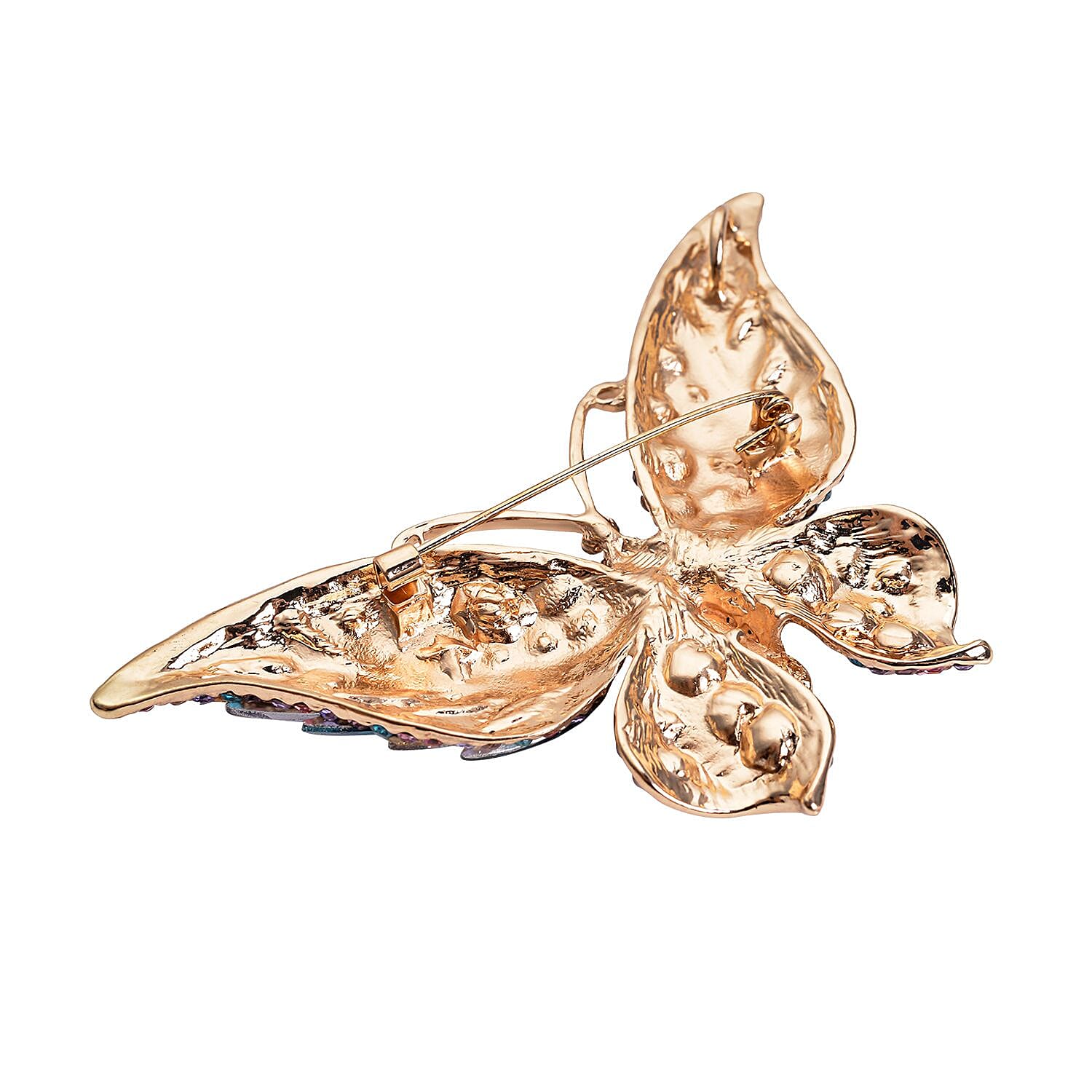 Multi Colour Austrian Crystal and Simulated Multi Colour Gemstones Butterfly Brooch in Yellow Gold Tone