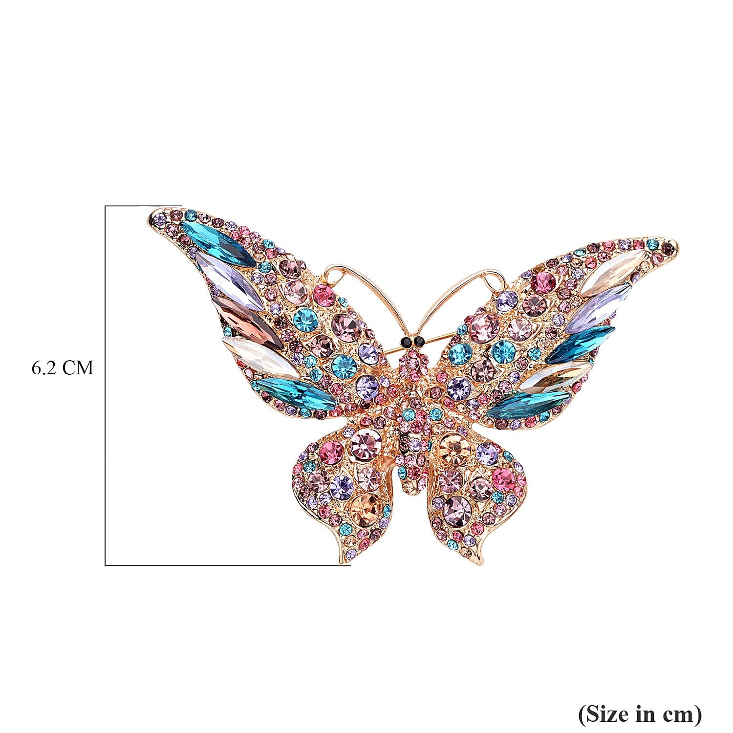 Multi Colour Austrian Crystal and Simulated Multi Colour Gemstones Butterfly Brooch in Yellow Gold Tone