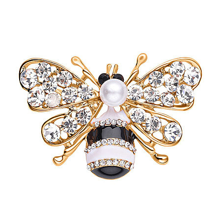 Simulated Pearl, White and Black Austrian Crystal Enamelled Bee Brooch in Yellow Gold Tone