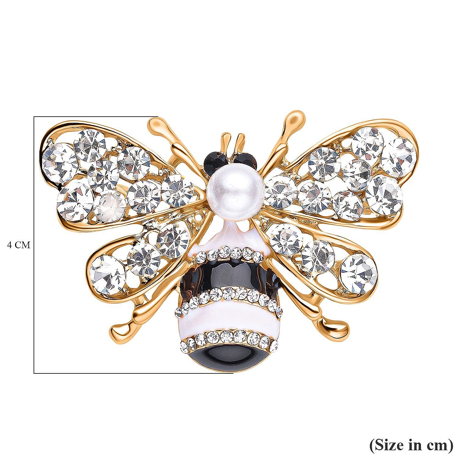 Simulated Pearl, White and Black Austrian Crystal Enamelled Bee Brooch in Yellow Gold Tone Simulated Pearl, White and Black Austrian Crystal Enamelled Bee Brooch in Yellow Gold Tone