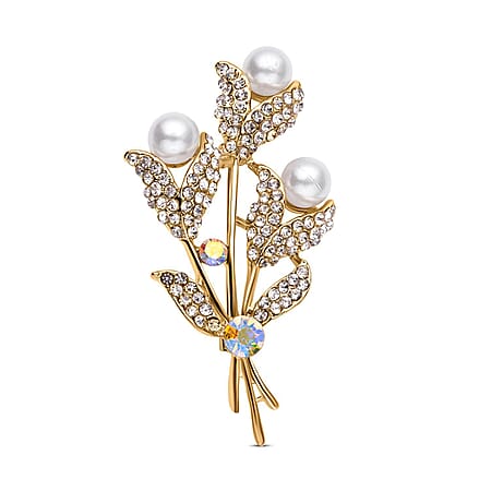 White AB Crystal, White Austrian Crystal and Simulated Pearl Leaf Vine Brooch in Yellow Gold Tone