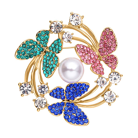 Multi Colour Austrian Crystal and Simulated Pearl Butterfly Brooch in Yellow Gold Tone