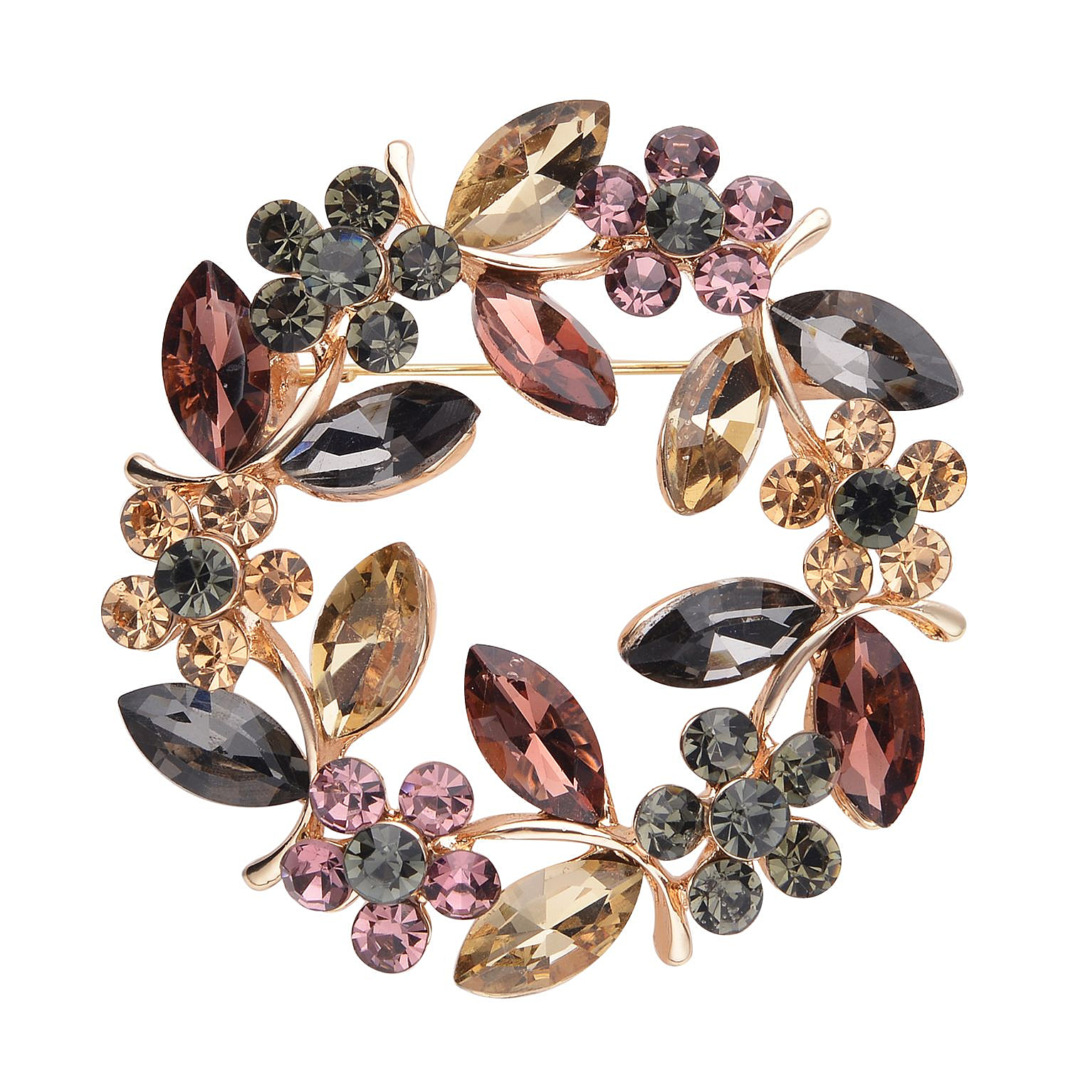 Multi Colour Austrian Crystal and Simulated Multi Colour Gemstones Brooch in Yellow Gold Tone