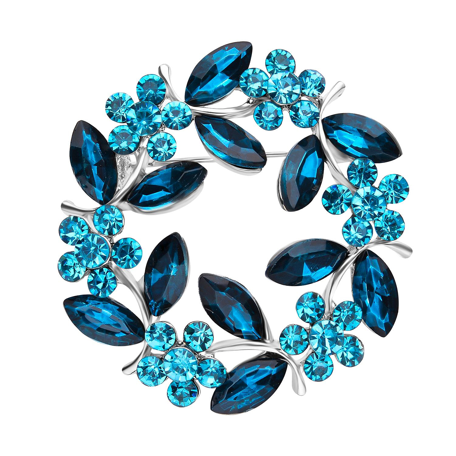 Blue Austrian Crystal and Simulated Apatite Wreath Embellished Brooch in Silver Tone