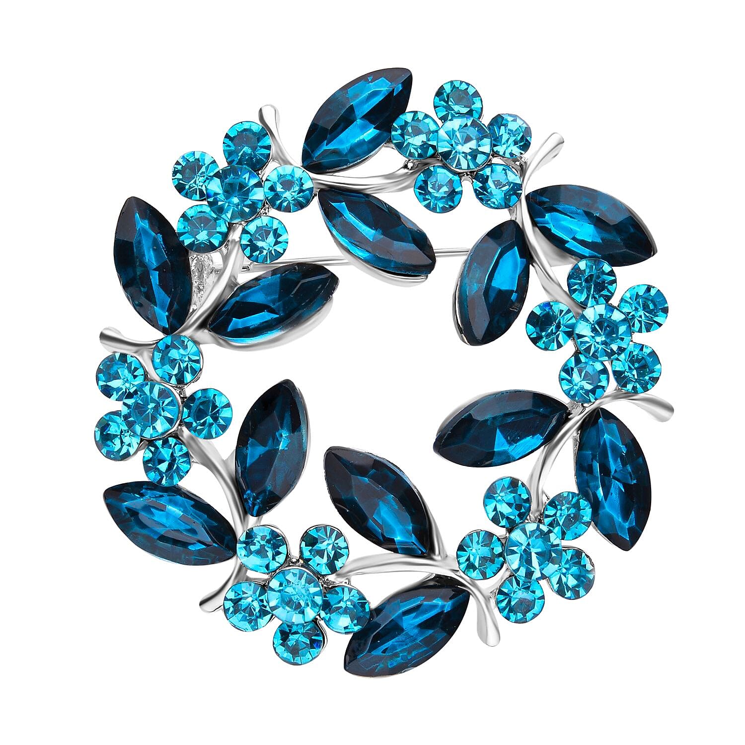 Blue Austrian Crystal and Simulated Apatite Wreath Embellished Brooch in Silver Tone Blue Austrian Crystal and Simulated Apatite Wreath Embellished Brooch in Silver Tone