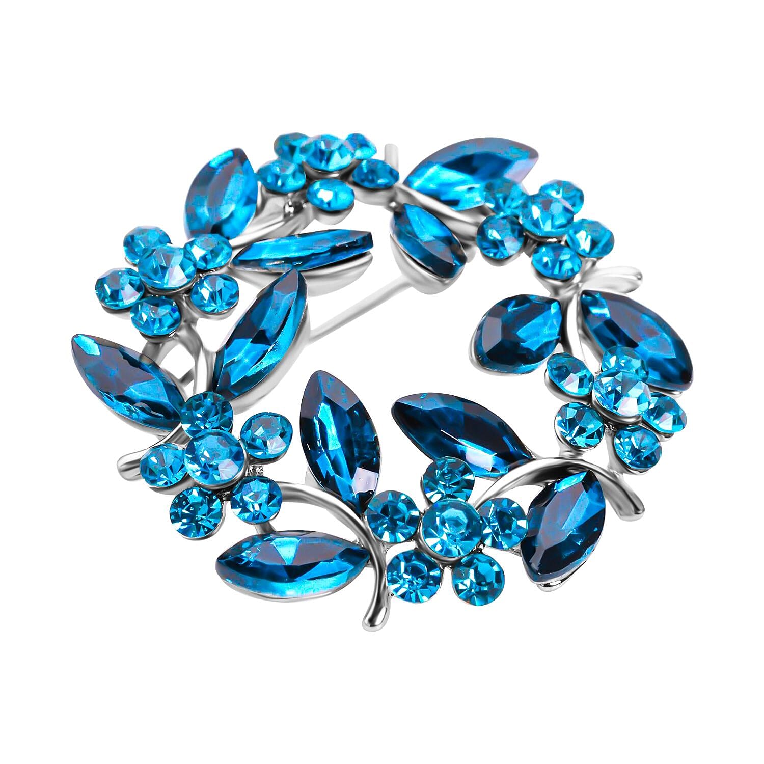 Blue Austrian Crystal and Simulated Apatite Wreath Embellished Brooch in Silver Tone Blue Austrian Crystal and Simulated Apatite Wreath Embellished Brooch in Silver Tone