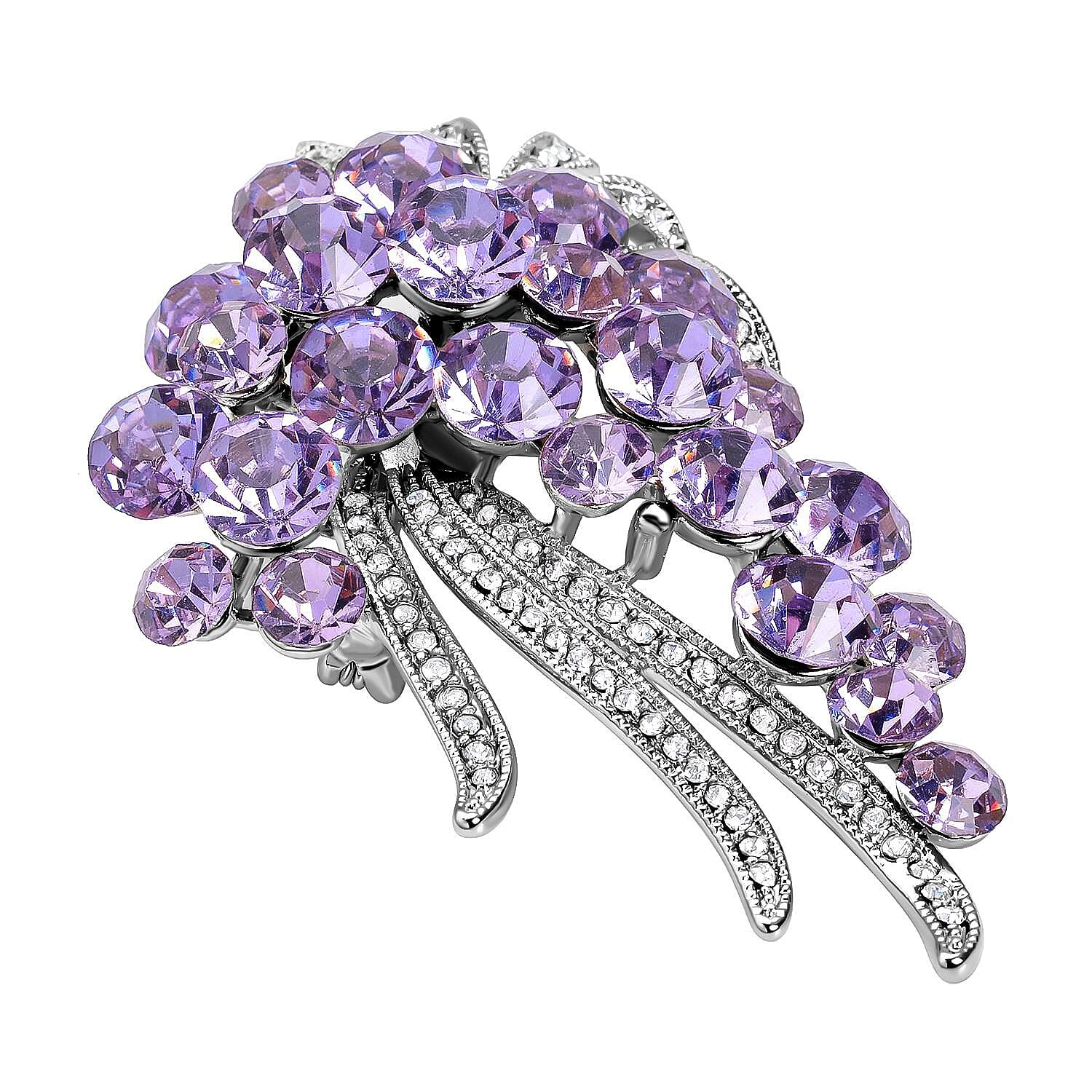 Purple and White Austrian Crystal Bouquet Embellished Brooch in Silver Tone