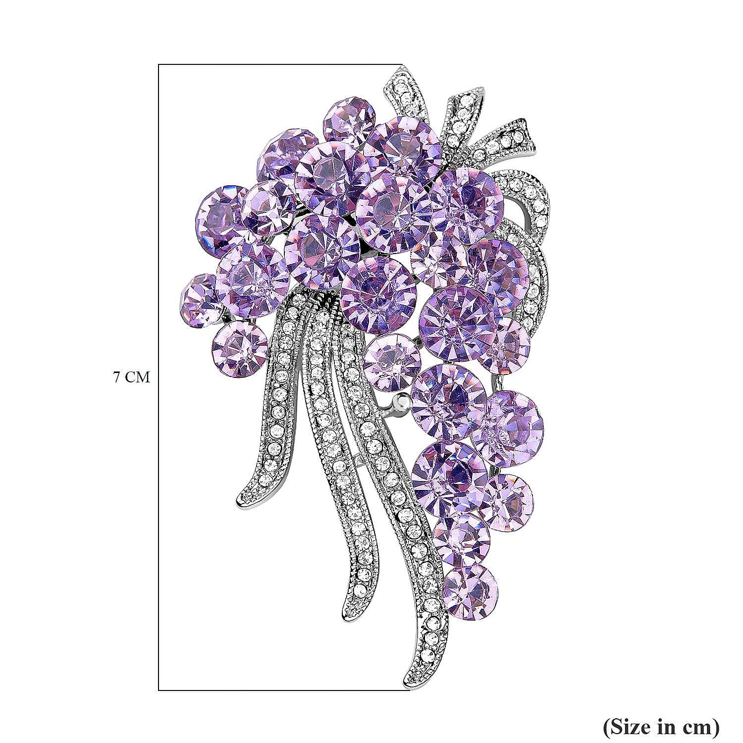 Purple and White Austrian Crystal Bouquet Embellished Brooch in Silver Tone