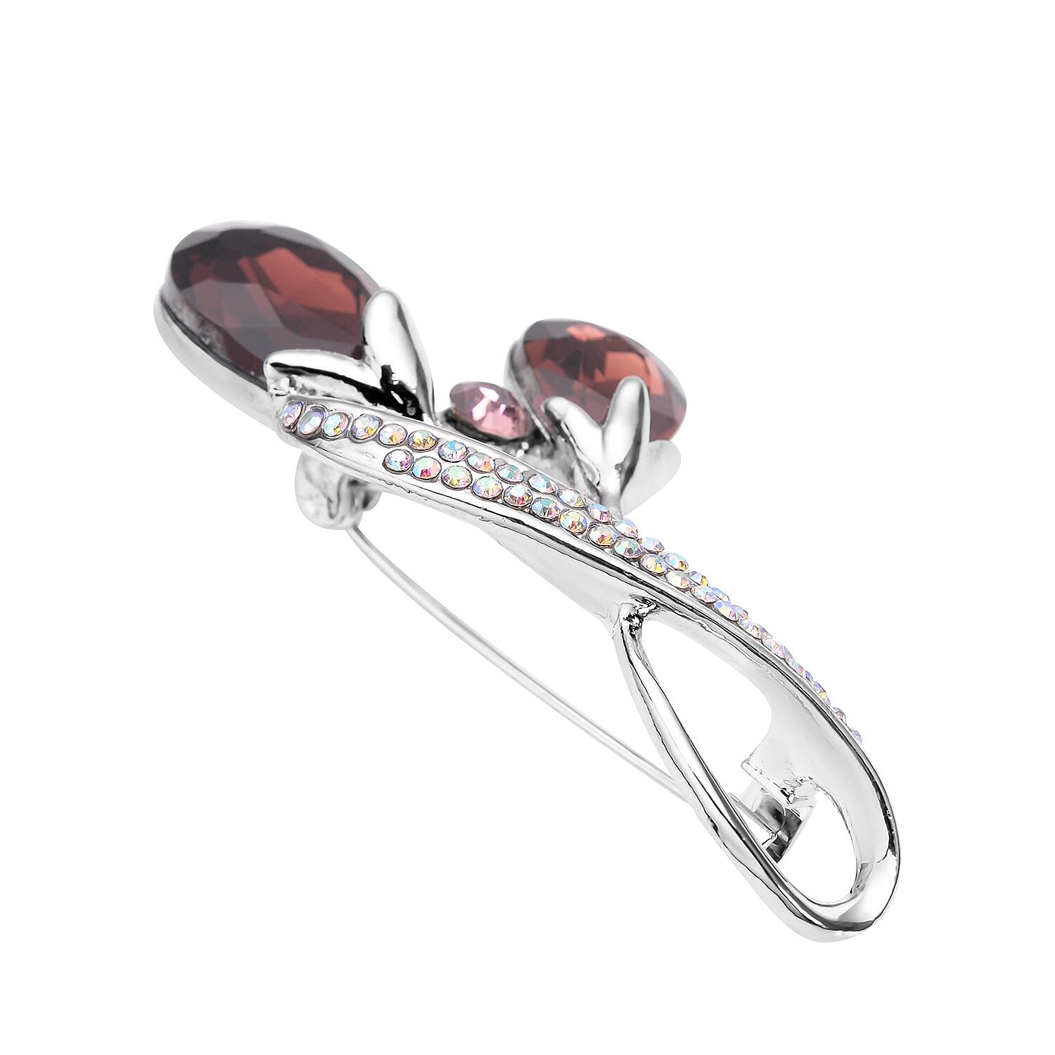 Simulated Garnet, White AB Crystal and Red Austrian Crystal Brooch in Silver Tone