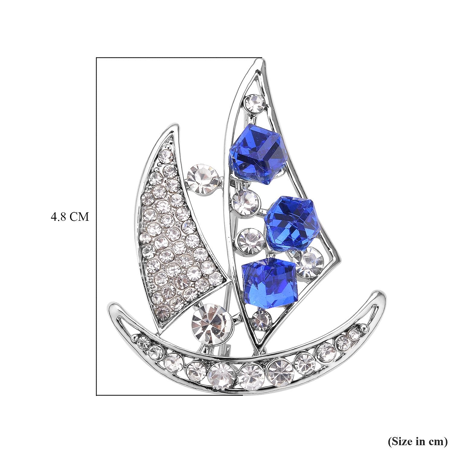Simulated Blue Sapphire and White Austrian Crystal Ship Brooch in Silver Tone