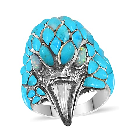 Santa Fe Collection - Turquoise and Lab Created Opal Mens Hawk Head Ring in Sterling Silver 7.00 Ct, Silver Wt. 12.50 Gms.