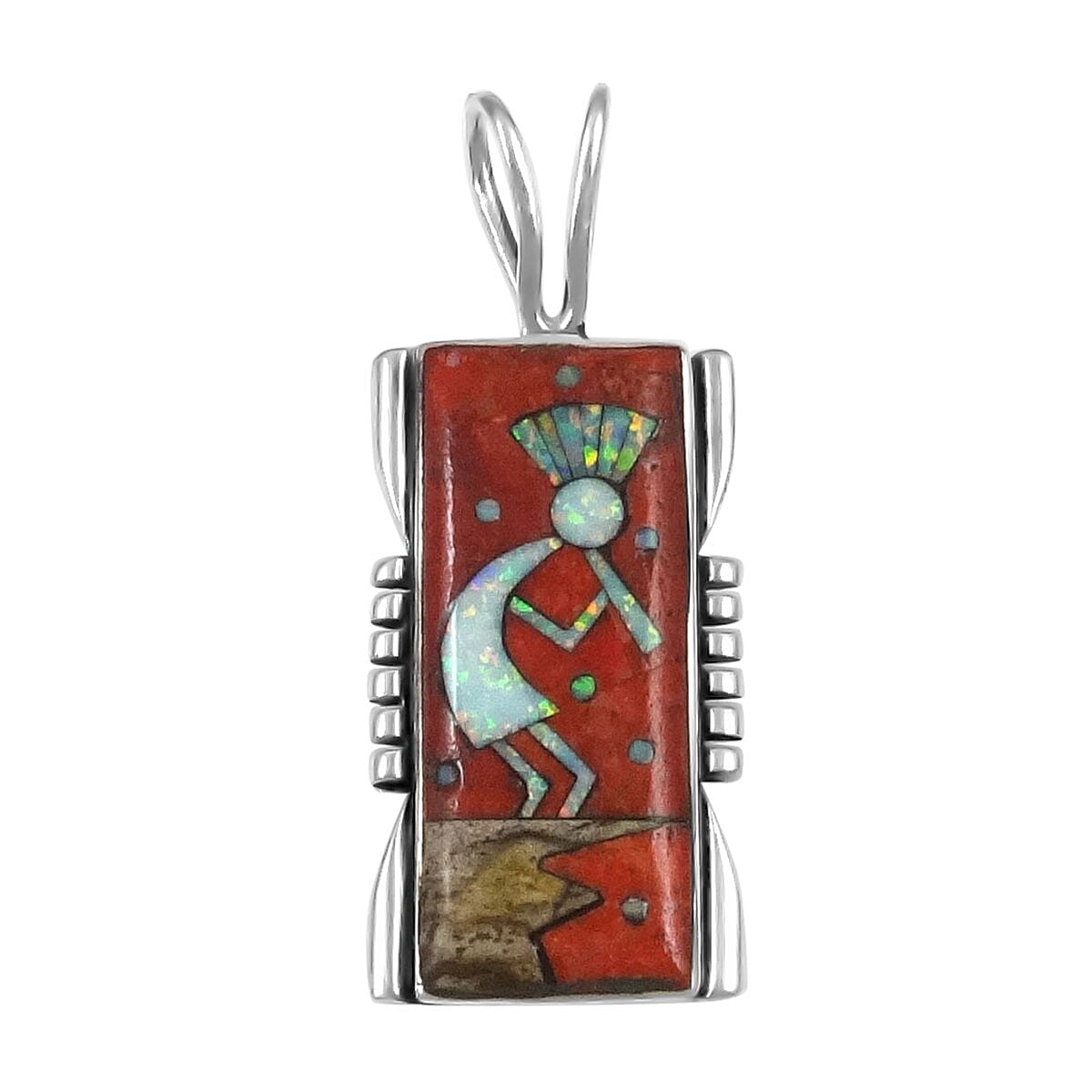 Santa Fe Collection - Coral and Multi Gemstones Kokopelli Pendant with Oxidised in Sterling Silver