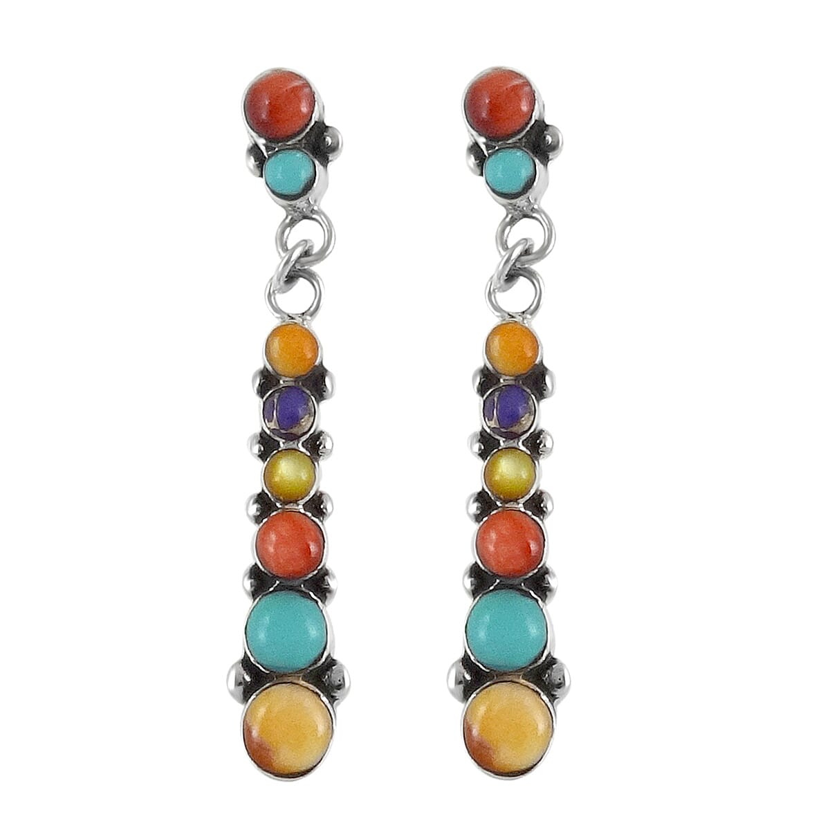 Santa Fe Collection - Multi Gemstones Dangling Earrings with Push Back in Sterling Silver 3.20 Ct.