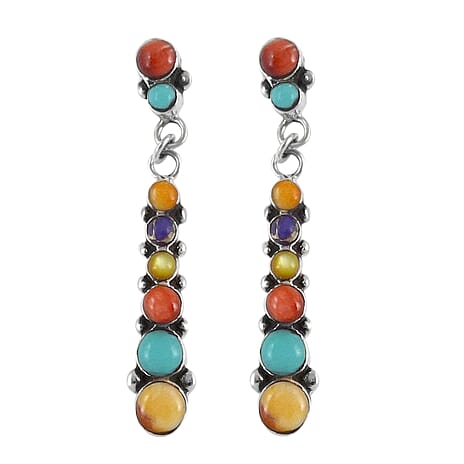 Santa Fe Collection - Multi Gemstones Dangling Earrings with Push Back in Sterling Silver 3.20 Ct.