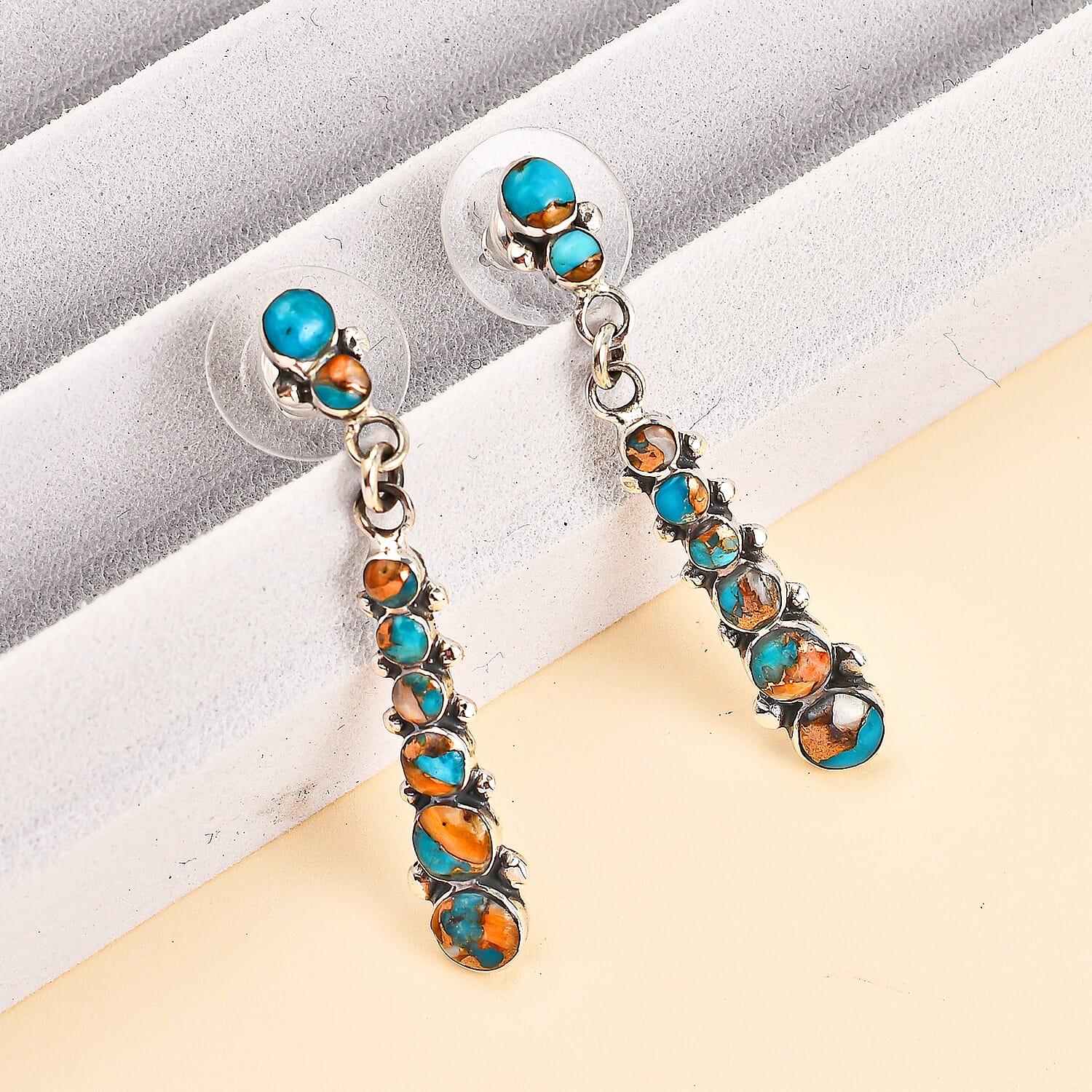 Santa Fe Collection - Spiny Turquoise Dangling Earrings with Plastic Push Back Sterling Silver 1.63 Ct.