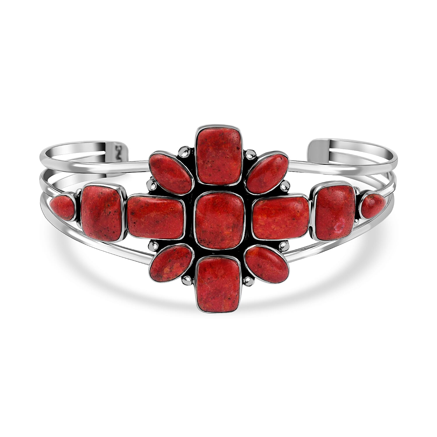 Santa Fe Collection - Red Spiny Oyster Shell Cuff Bangle (Size 6.5) in Sterling Silver 15.00 Ct, Silver Wt.20.00 Gms