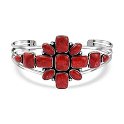 Santa Fe Collection - Red Spiny Oyster Shell Cuff Bangle (Size 6.5) in Sterling Silver 15.00Ct, Silver Wt.20.00 Gms