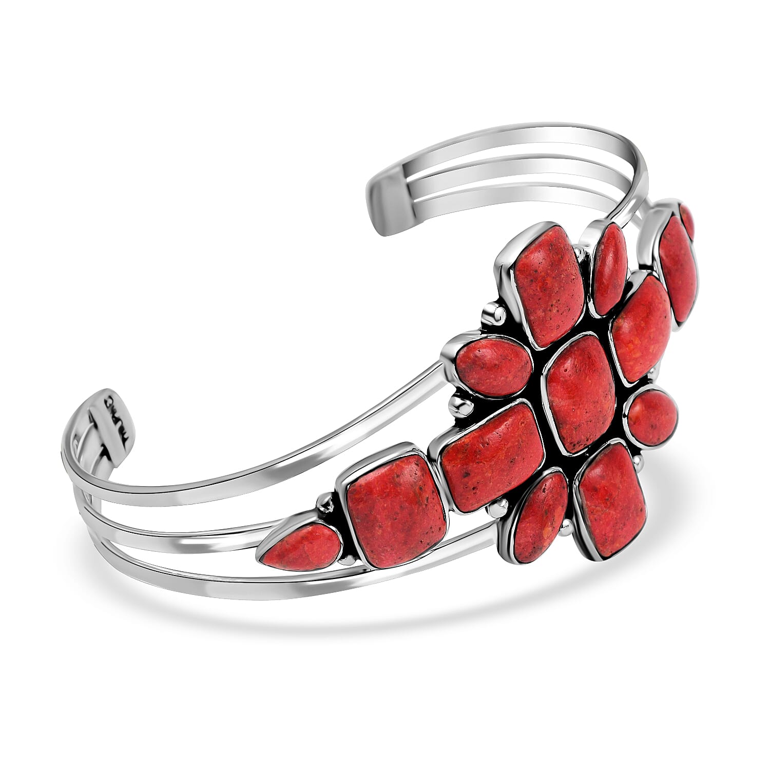 Santa Fe Collection - Red Spiny Oyster Shell Cuff Bangle (Size 6.5) in Sterling Silver 15.00 Ct, Silver Wt.20.00 Gms
