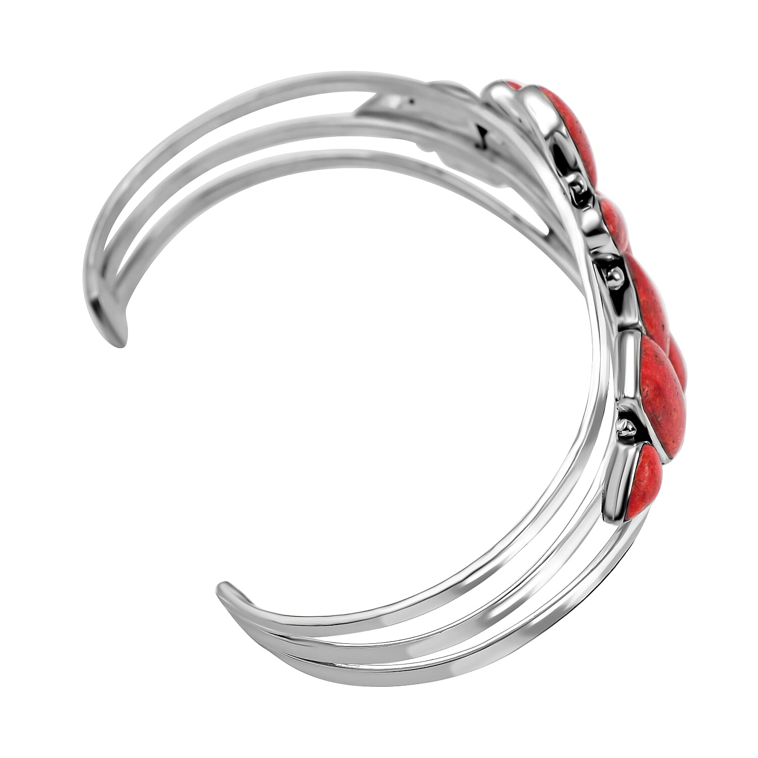 Santa Fe Collection - Red Spiny Oyster Shell Cuff Bangle (Size 6.5) in Sterling Silver 15.00 Ct, Silver Wt.20.00 Gms