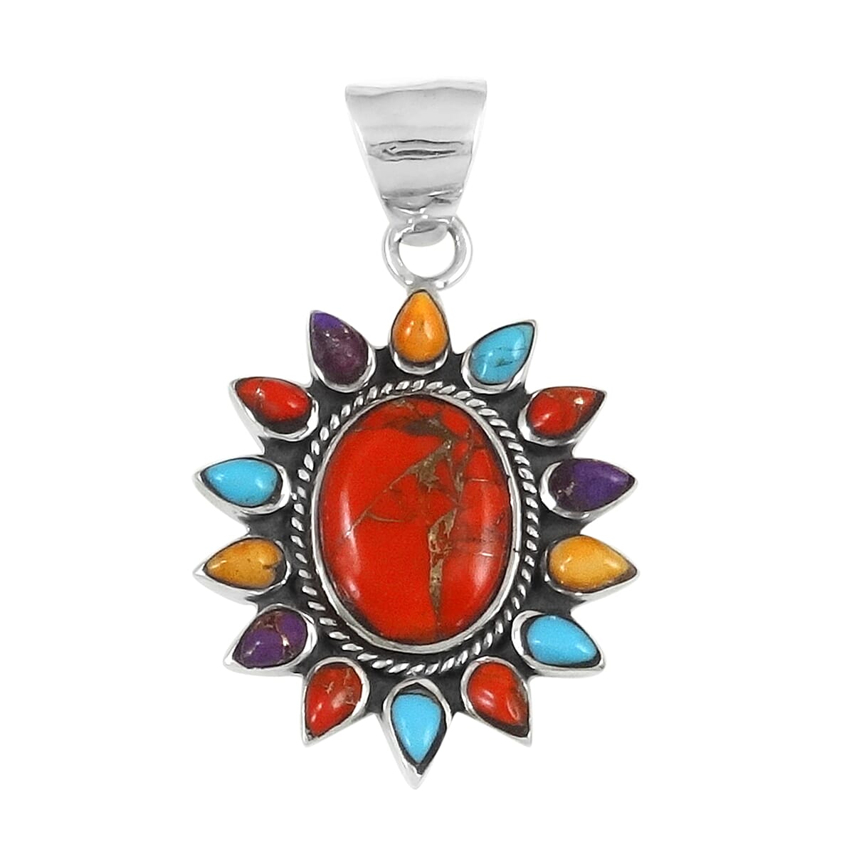 Santa Fe Collection - Multi Turquoise, Orange Spiny Oyster Shell Pendant With Oxidised in Sterling Silver 4.50 Ct.