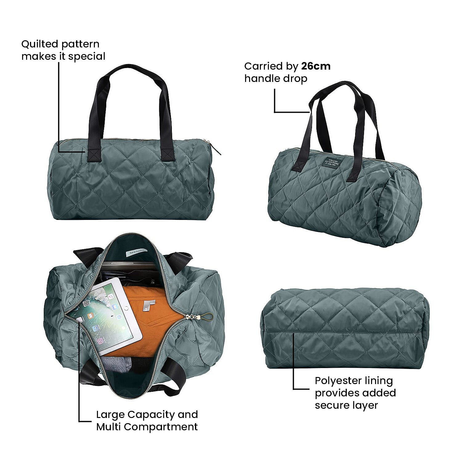 Close Out - Quilted Pattern Duffle Bag (Size 47x17x30 Cm) - Dark Green