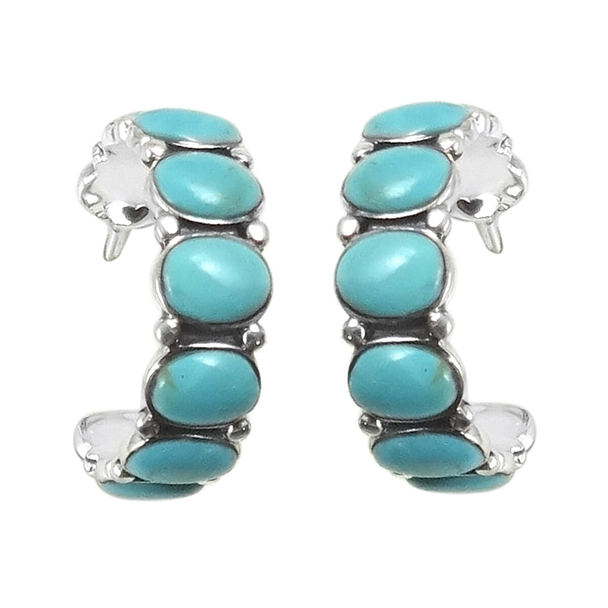 Santa Fe Collection - Kingman Turquoise J Hoop Earrings with Plastic Push Back Sterling Silver 3.75 Ct, Silver Wt. 5.80 Gms.