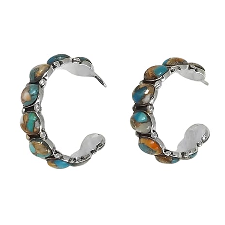 Santa Fe Collection - Spiny Turquoise J Hoop Earrings with Plastic Push Back Sterling Silver 3.75 Ct.