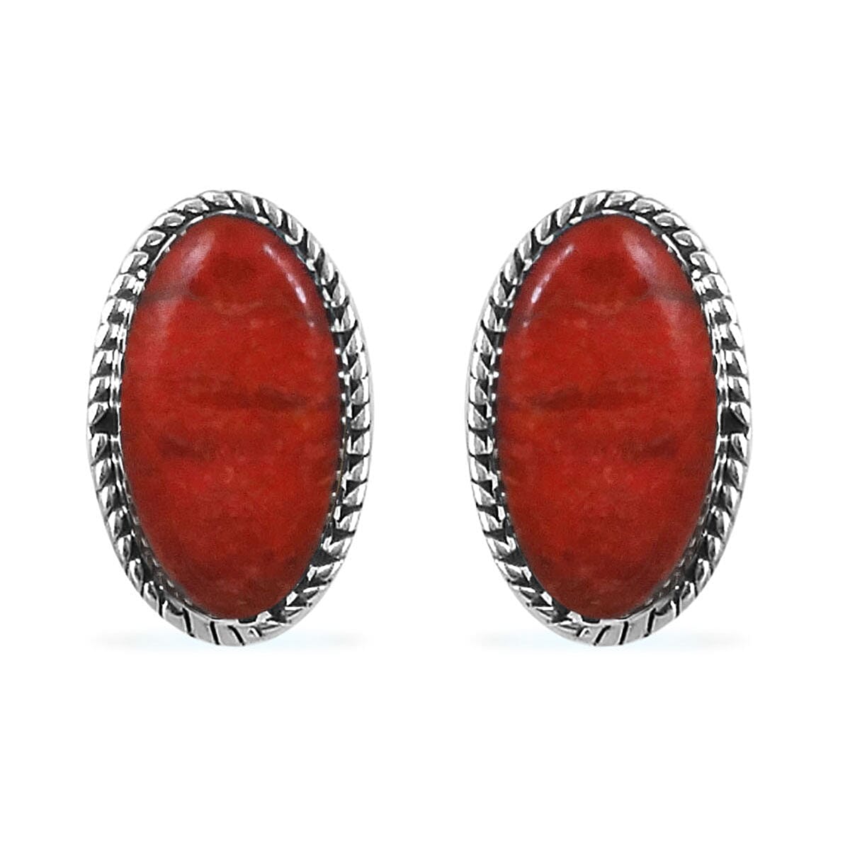 Santa Fe Collection - Red Spiny Oyster Shell Stud Earrings (With Push Back) With Oxidised in Sterling Silver