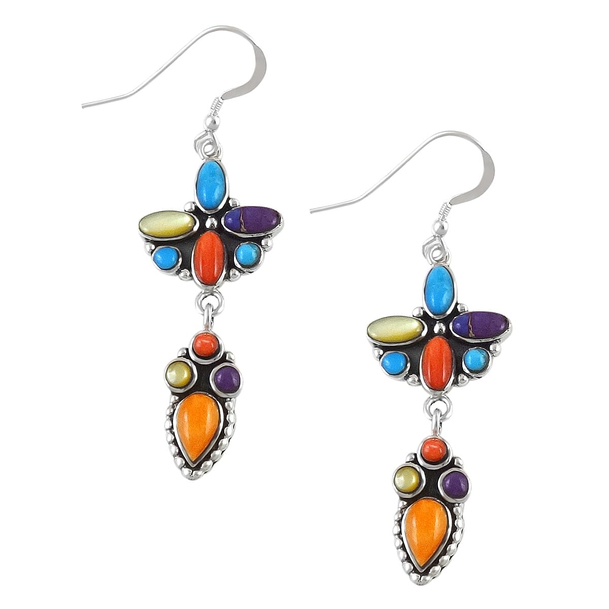 Santa Fe Collection - Mojave Purple Turquoise and Multi Gemstone Dangling Earrings (with Push Back) in Sterling Silver 1.80 Ct, Silver Wt 8.23 Gms