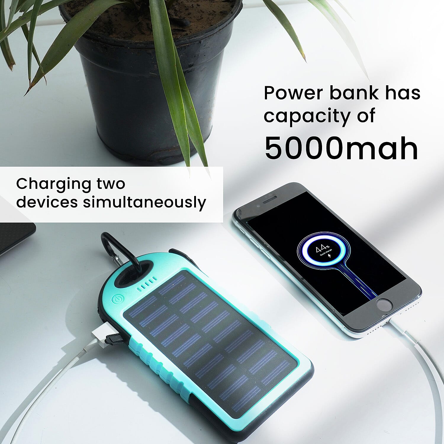 Homesmart Solar Panel 5000mah Power Bank with USB Cable - Teal & Black