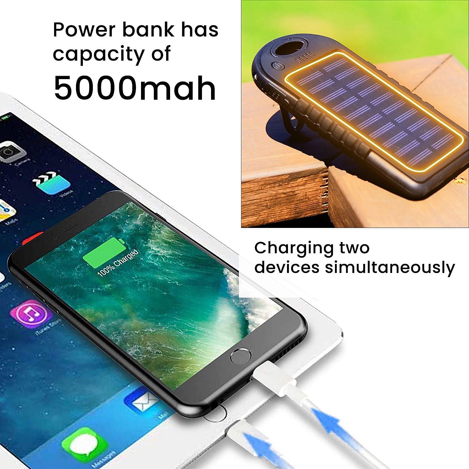 Homesmart Solar Panel 5000mah Power Bank with USB Cable (Size 14x7 Cm) - Black