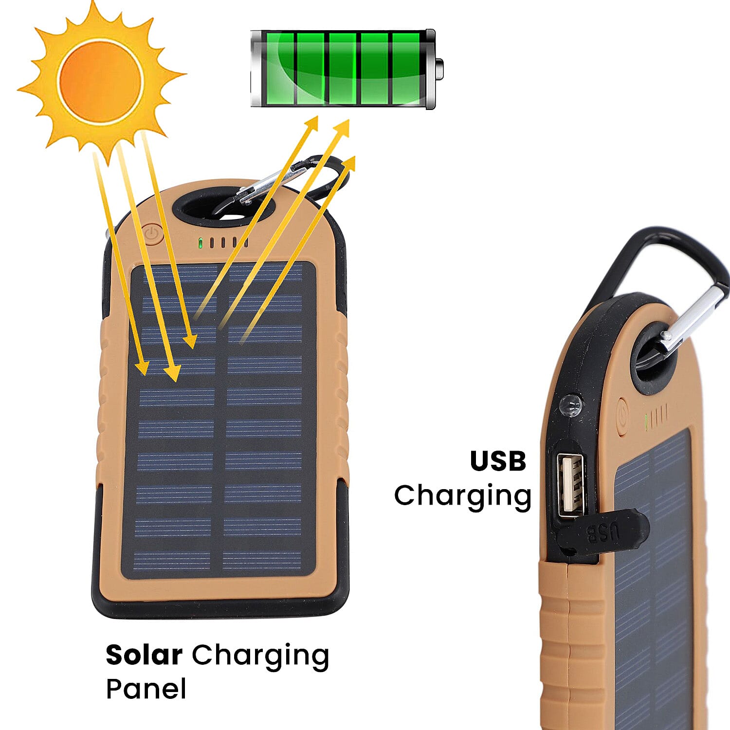 Homesmart Solar Panel 5000mah Power Bank with USB Cable (Size 15x7 Cm) - Camel & Black