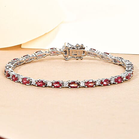 Rubellite and Natural Zircon Bracelet (Size - 8) in Platinum Overlay Sterling Silver 7.98 Ct, Silver Wt. 8.82 Gms