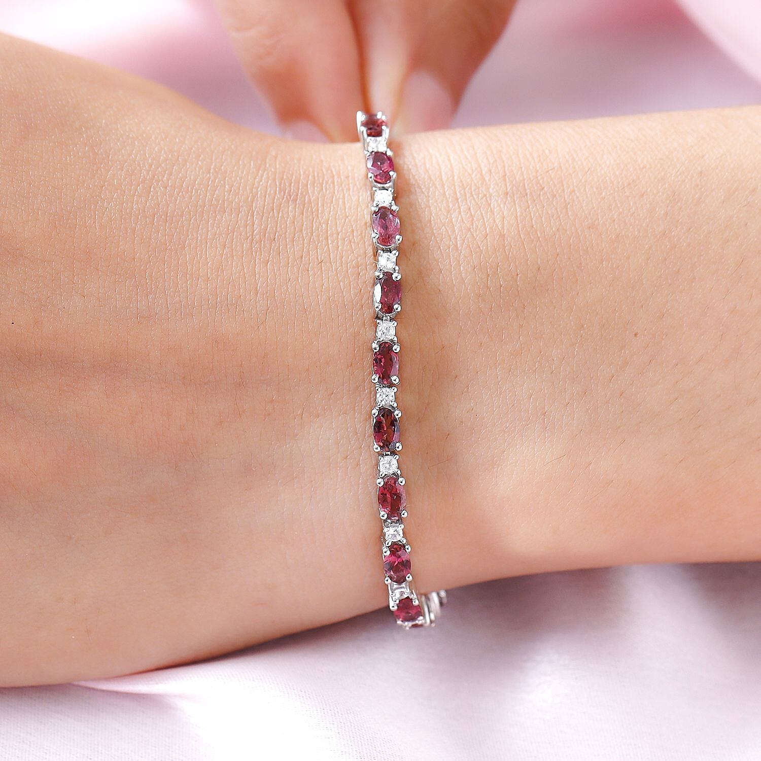 Rubellite and Natural Zircon Bracelet (Size - 8) in Platinum Overlay Sterling Silver 7.98 Ct, Silver Wt. 8.82 Gms