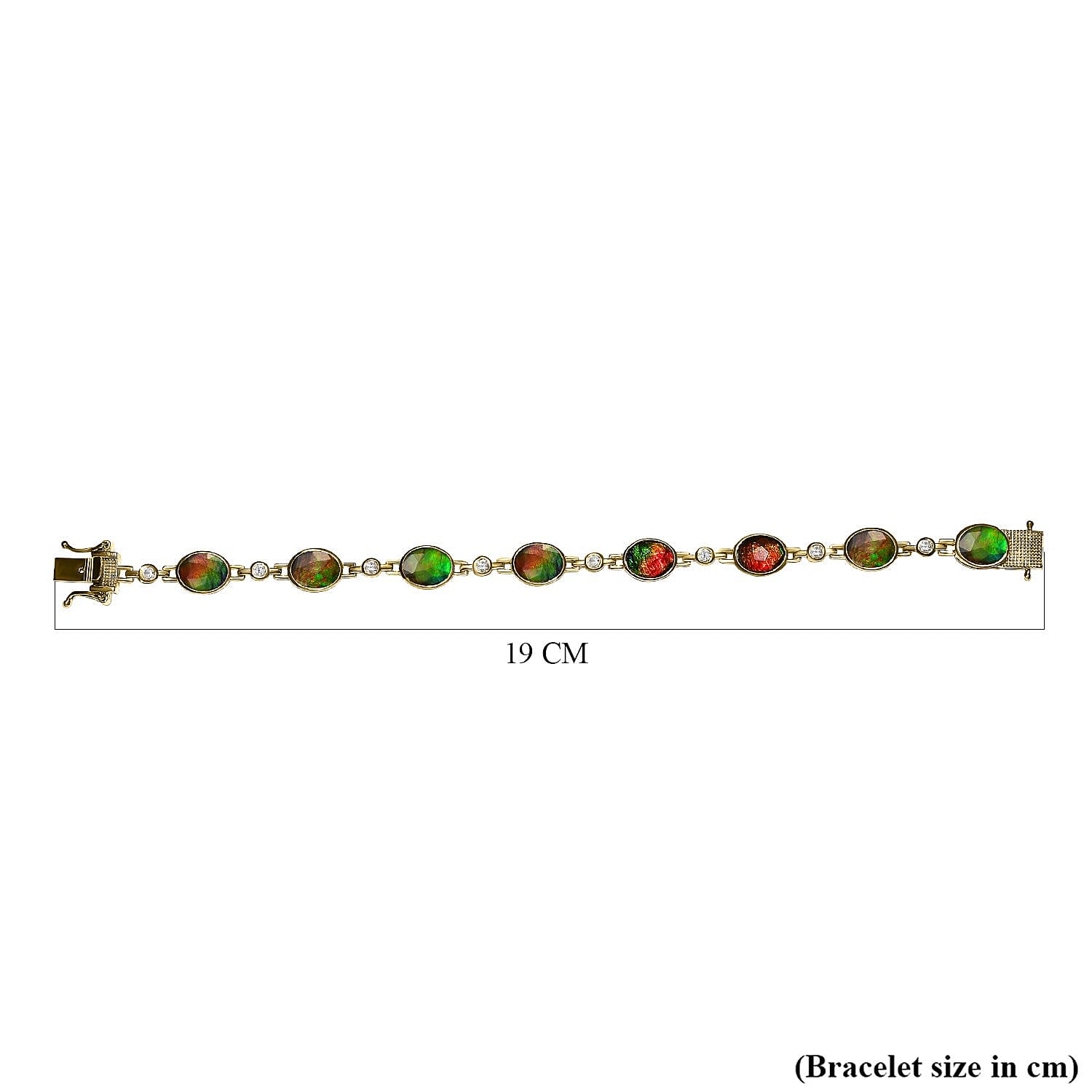 AA Ammolite and Natural Cambodian Zircon Bracelet (Size - 7) in 18K Vermeil Yellow Gold Overlay Sterling Silver 13.90 Ct, Silver Wt. 12.70 Gms