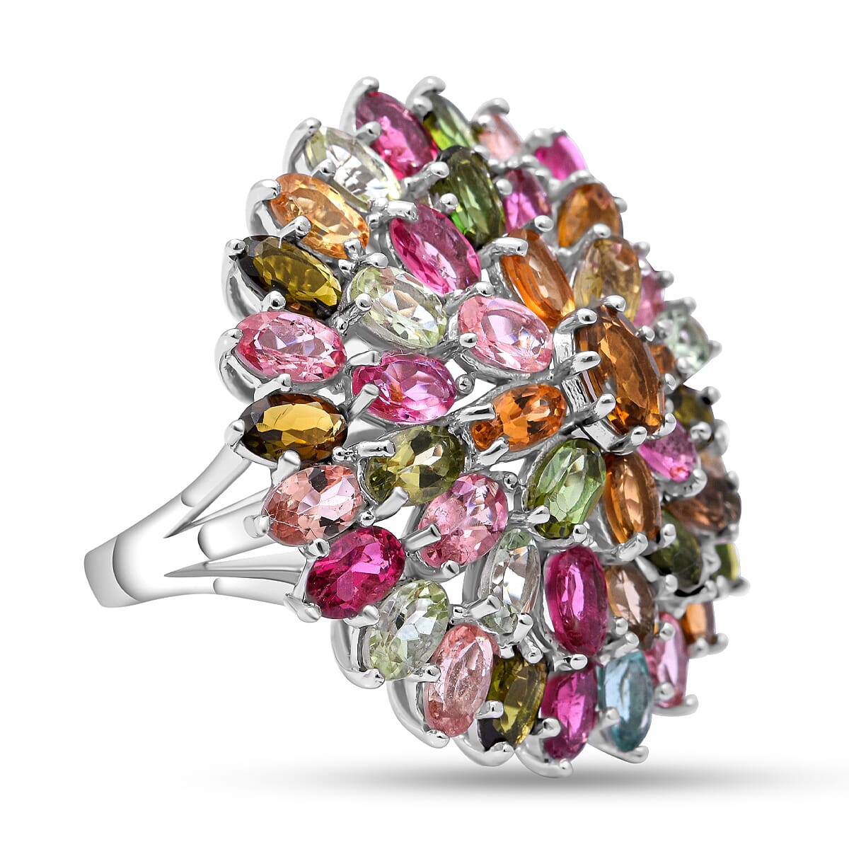 Multi-Tourmaline Cluster Ring in Platinum Overlay Sterling Silver 11.03 Ct, Silver Wt. 8.80 Gms