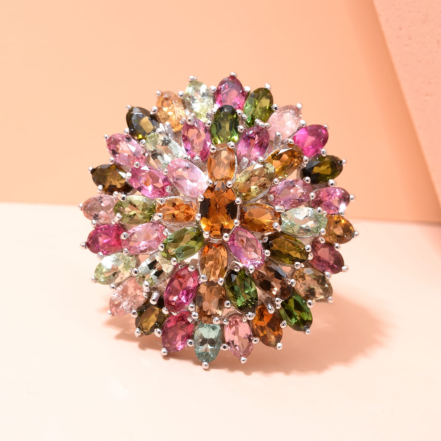 Multi-Tourmaline Cluster Ring in Platinum Overlay Sterling Silver 11.03 Ct, Silver Wt. 8.80 Gms