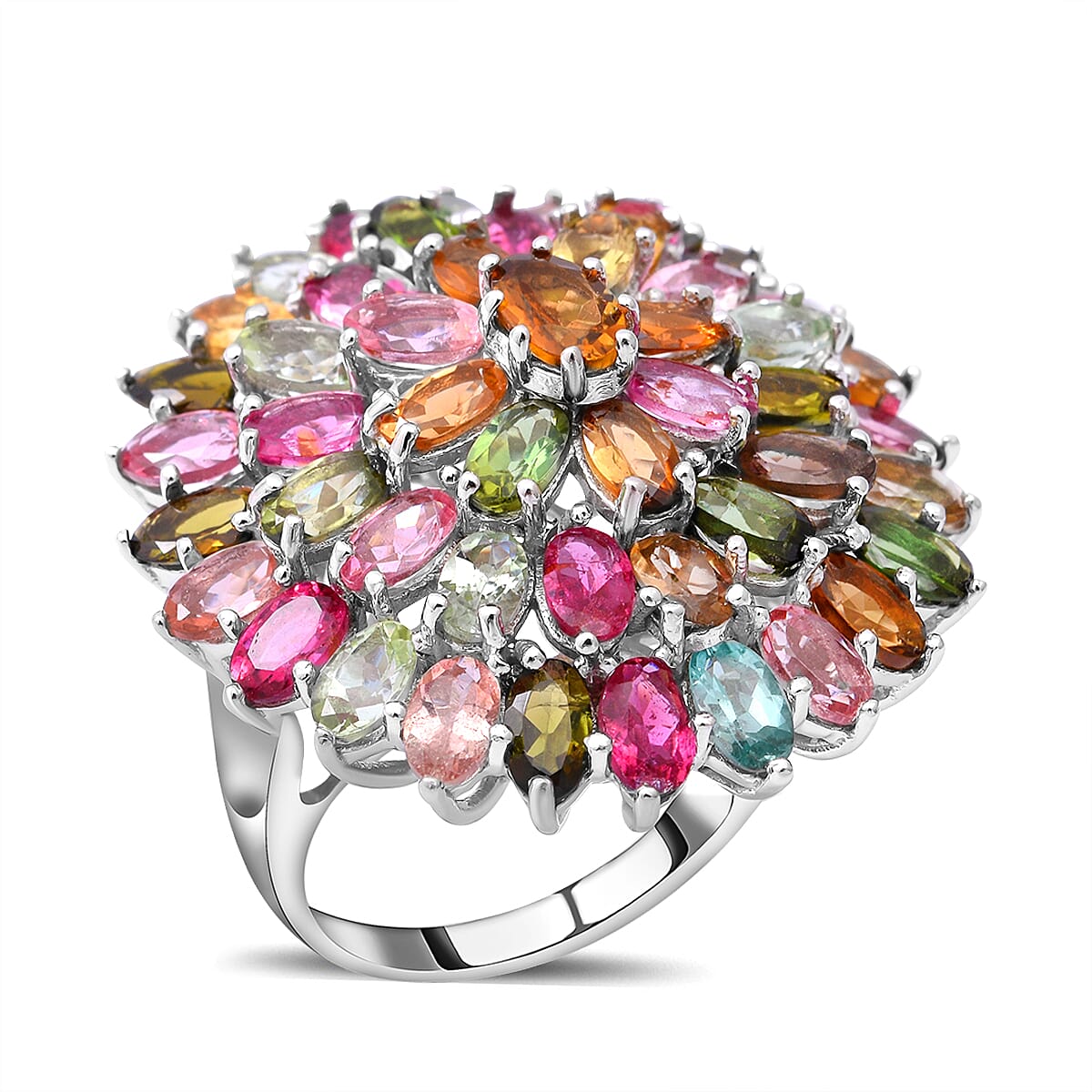 Multi-Tourmaline Cluster Ring in Platinum Overlay Sterling Silver 11.03 Ct, Silver Wt. 8.80 Gms