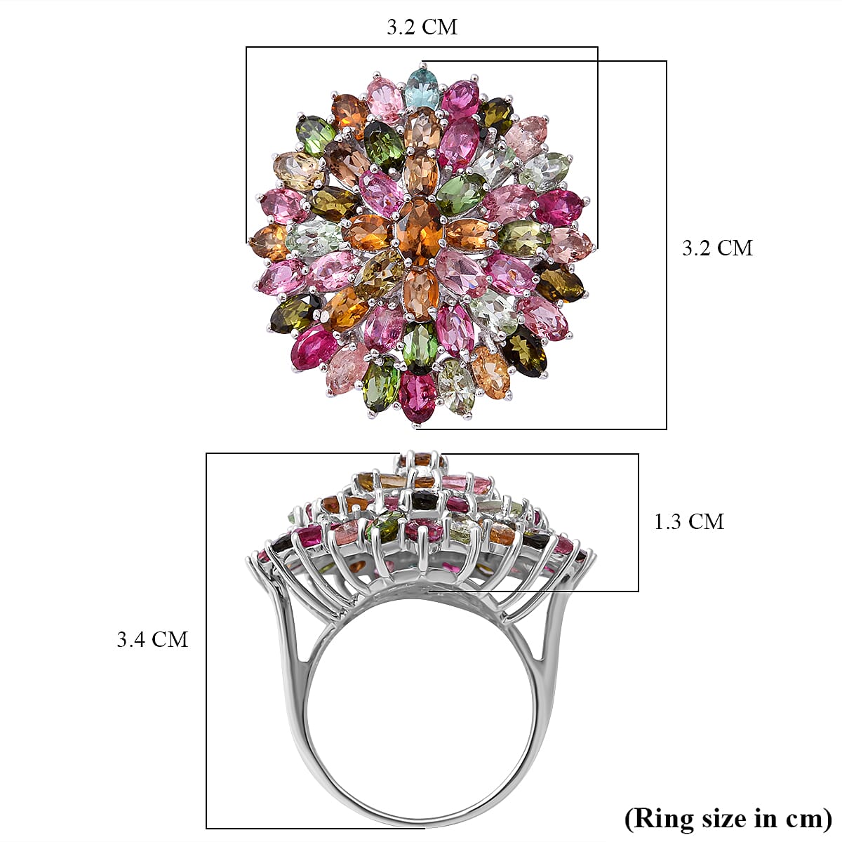 Multi-Tourmaline Cluster Ring in Platinum Overlay Sterling Silver 11.03 Ct, Silver Wt. 8.80 Gms