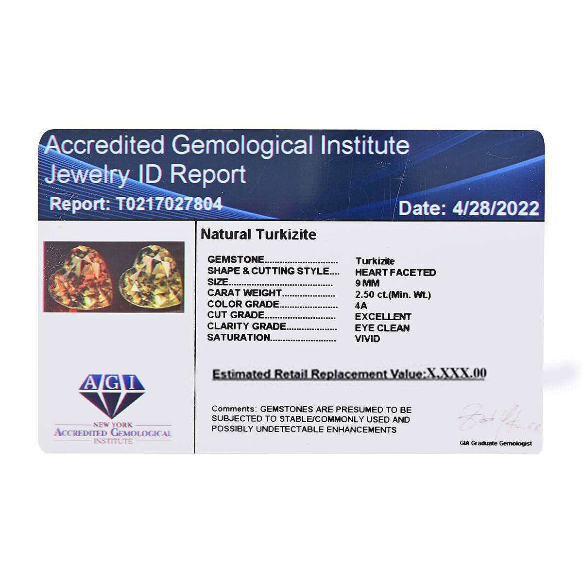 AGI Certified AAAA Turkizite Heart Shape Gemstone 2.50 Ct.