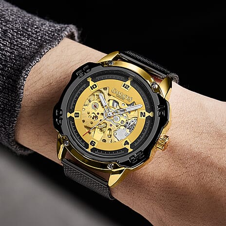 GAMAGES OF LONDON Bionic Automatic Movement Yellow Dial Water Resistant Watch with Black Colour Mesh Bracelet