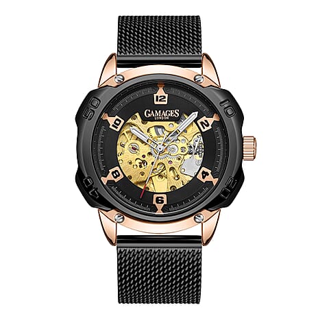 GAMAGES OF LONDON Bionic Automatic Movement Black Dial Water Resistant Watch with Black Colour Mesh Bracelet