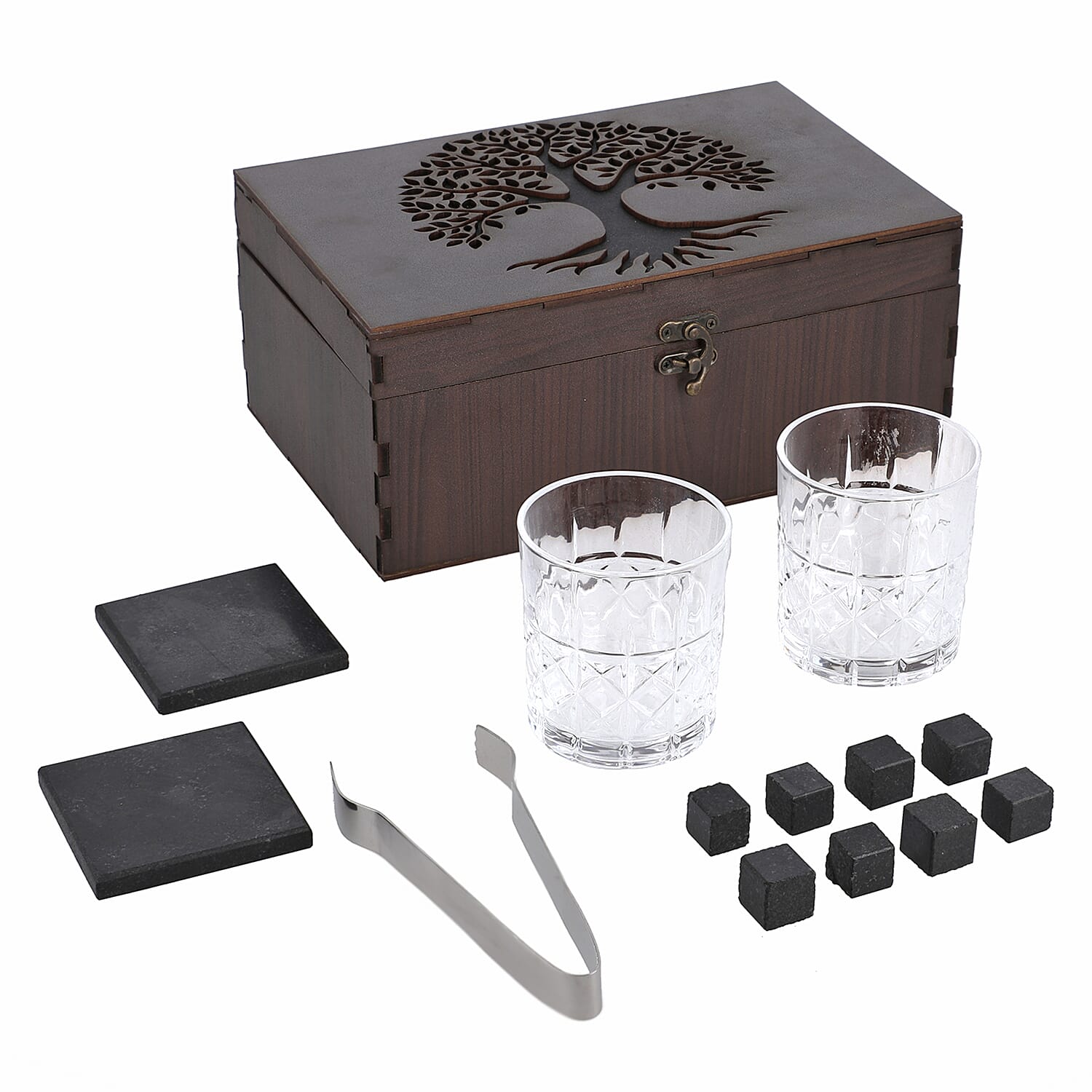 Set of 8 - Whiskey Cooling Gemstones Tree of life Wooden Box (Size 25x16x11 Cm) - Brown